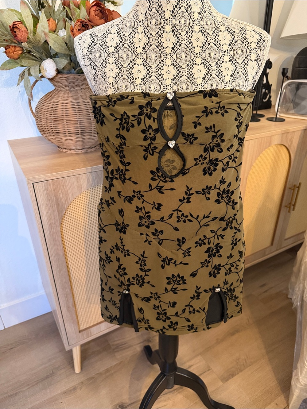 Olive Green Floral Strapless Mini Dress